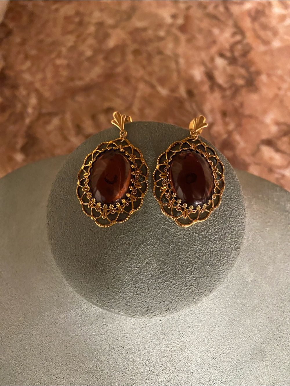 Vintage Filigree Gold Tone Soft Purple Stone Drop Earrings